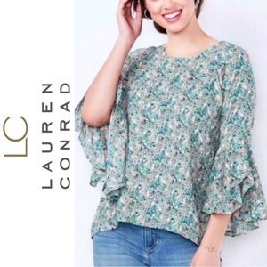 LC Lauren Conrad Floral Ruffle Sleeve Top - Green and Pink
